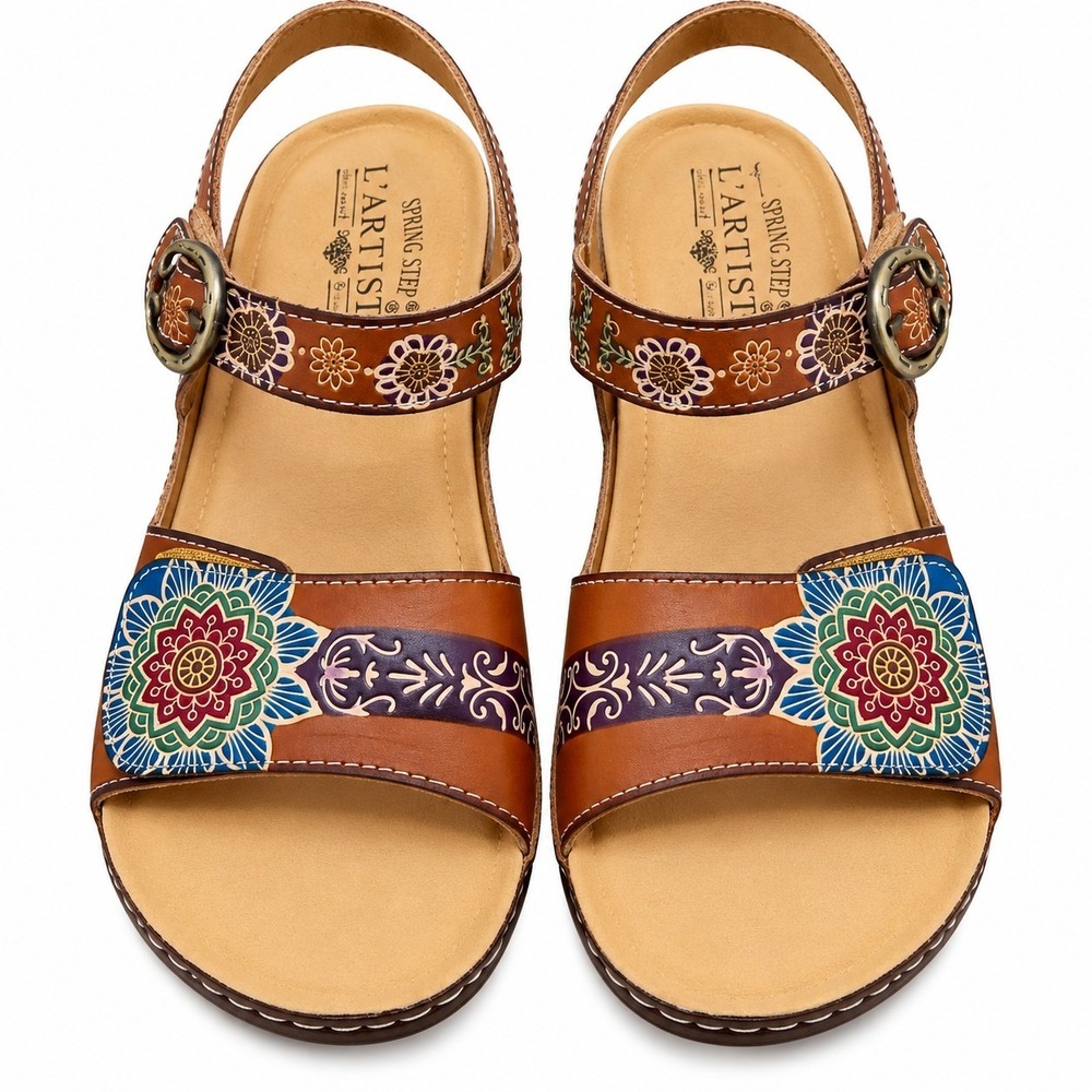 L'Artiste Spring Step Sandals Brown Floral Leather Wedge Roshni 38 Sz 7.5-8